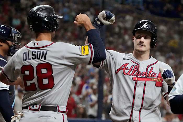Jul 7, 2023; St. Petersburg, Florida, USA; Atlanta Braves catcher Sean Murphy (12) is congratulated by first baseman Matt Olson (28) after hitting a two run home run against the Tampa Bay Rays during the fourth inning at Tropicana Field.
